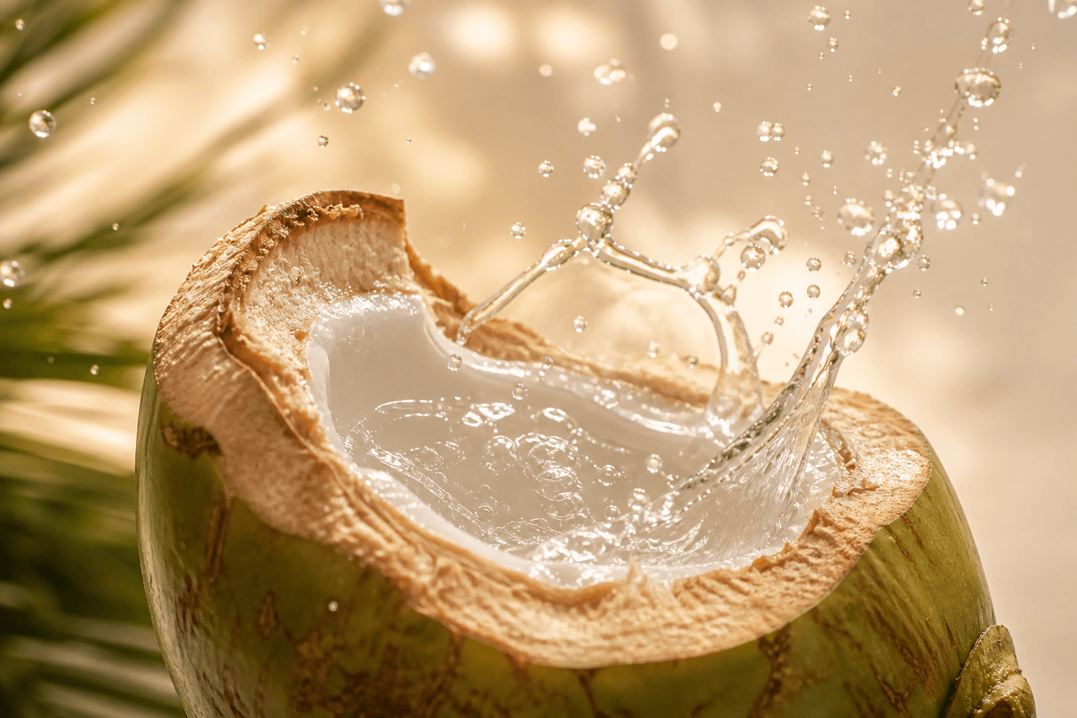 Fresh coconut with splashing coconut water.