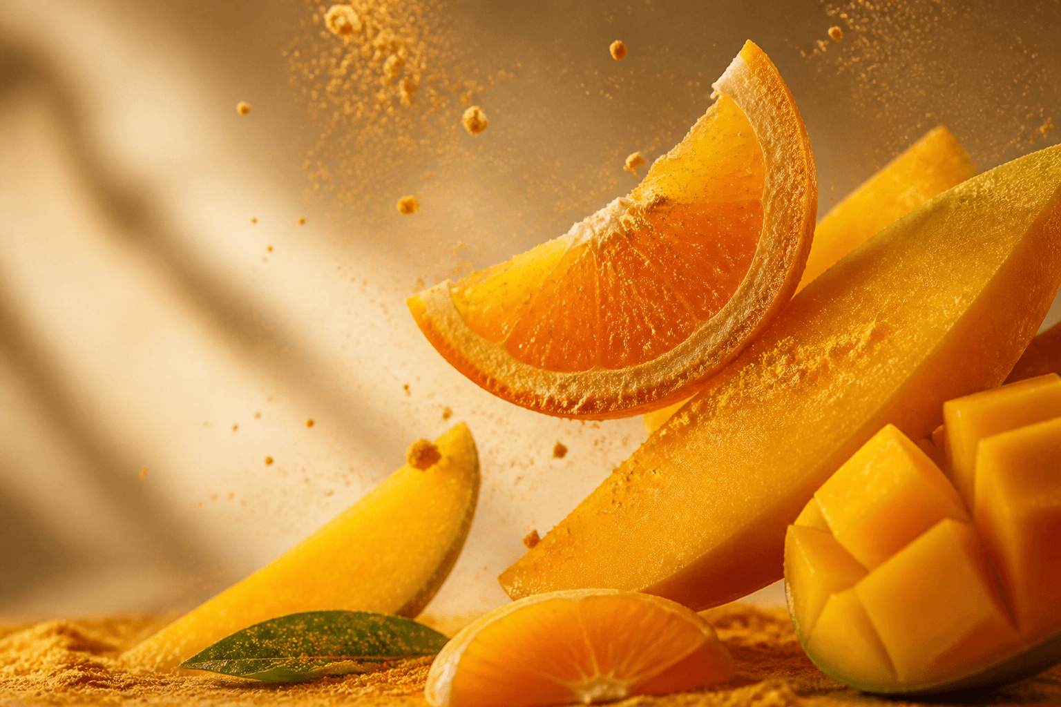 Fresh orange slices with freeze-dried fruit powder in golden light.
