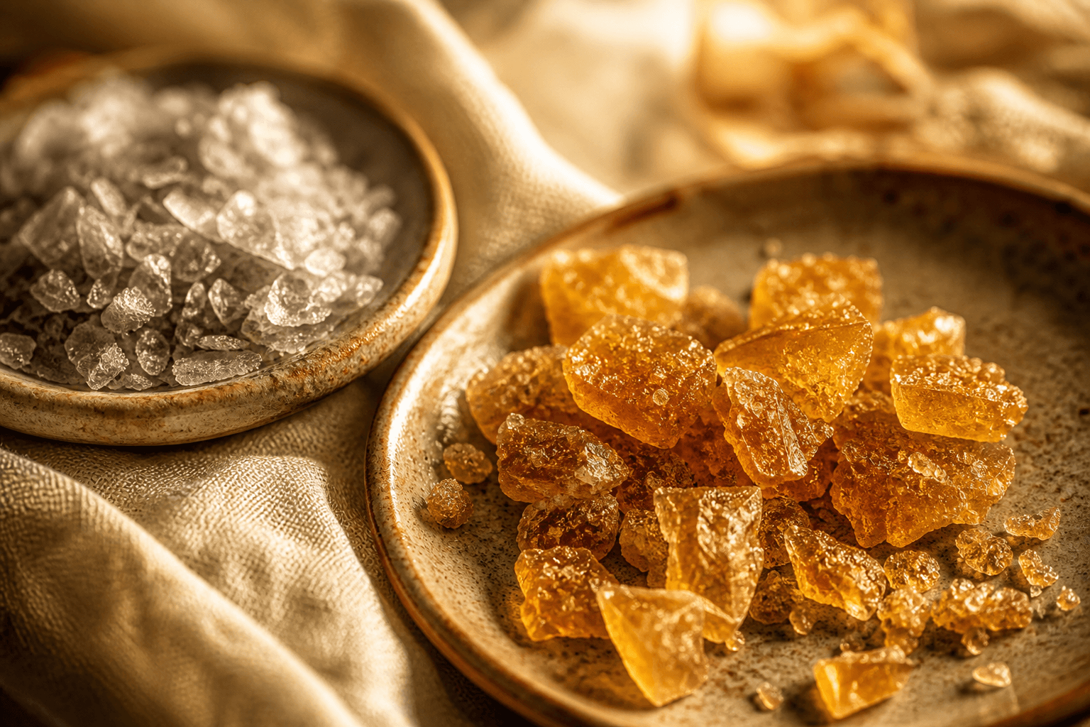 Golden organic maple sugar crystals on ceramic.