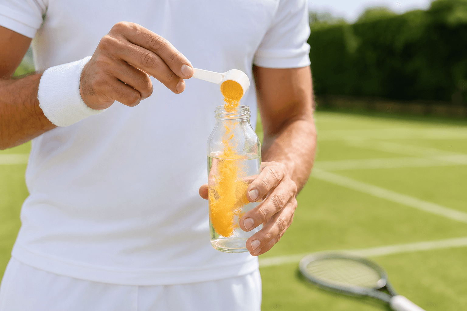 Pouring Phoenixa Tropical Orange Electrolytes powder into a bottle on a grass tennis court